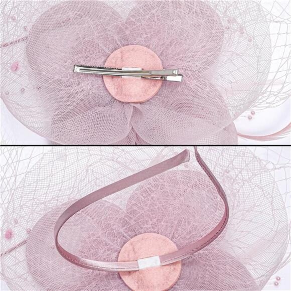 Women's Fascinators Flower Feathers with Veil Pink - Picture 6 of 7